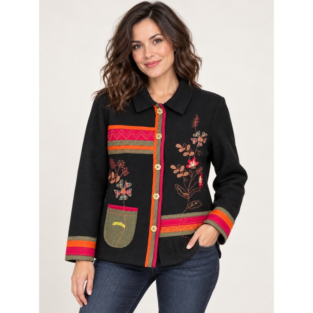 Breckenridge Petite Wool Blend Embroidered Floral Jacket Black PM Art to Wear